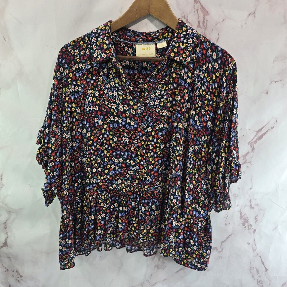 Anthropologie Shirt Womens Medium Black Button Floral Short Boxy Maeve Pleated